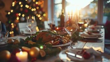 ai generado un festivo fiesta reunión, con amigos y familia reunido alrededor un hermosamente decorado mesa foto