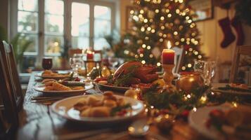 ai generado un festivo fiesta reunión, con amigos y familia reunido alrededor un hermosamente decorado mesa foto