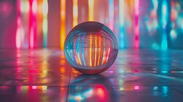 AI generated a glass sphere on the table reflecting bright multi-colored lights photo