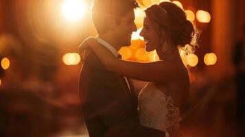 ai generado un alegre momento capturado a un Boda celebracion, con sonrisas y la risa abundar como el contento Pareja bailes foto