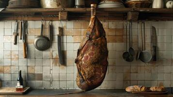 AI generated a large piece of jamon hanging on a rustic kitchen large copyspace area photo