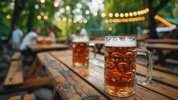 AI generated A lively beer garden, with long wooden tables and steins of beer clinking together in celebration photo