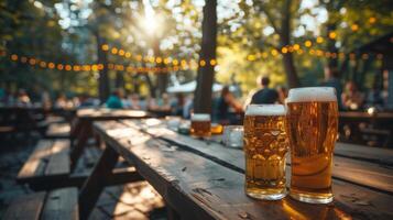 ai generado un animado cerveza jardín, con largo de madera mesas y jarras de cerveza tintinamente juntos en celebracion foto