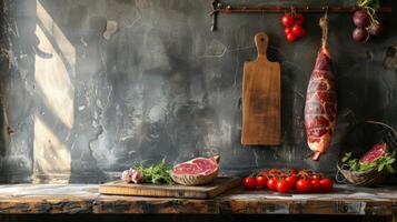 AI generated a large piece of jamon hanging on a rustic kitchen large copyspace area photo