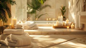 AI generated A luxurious spa retreat, with plush robes and candles creating an atmosphere of relaxation and indulgence photo