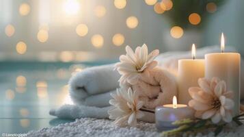 AI generated A luxurious spa retreat, with plush robes and candles creating an atmosphere of relaxation and indulgence photo