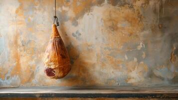 AI generated a large piece of jamon hanging on a rustic kitchen large copyspace area, offcenter composition photo