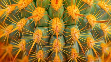 ai generado un macro fotografía de un cactus espinoso superficie, destacando sus único textura y adaptaciones para agua retencion foto