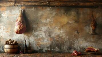 AI generated a large piece of jamon hanging on a rustic kitchen large copyspace area, offcenter composition photo