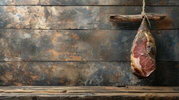 AI generated a large piece of jamon hanging on a rustic kitchen large copyspace area, offcenter composition photo