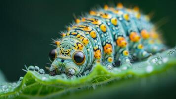 AI generated A macro shot of a caterpillar munching on a leaf, highlighting its textured skin and voracious appetite photo