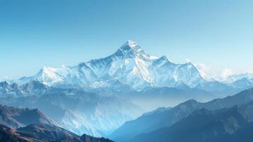 AI generated A majestic mountain range, with snow-capped peaks towering against a backdrop of clear blue skies photo