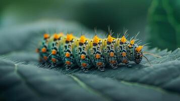 AI generated A macro shot of a caterpillar munching on a leaf, highlighting its textured skin and voracious appetite photo