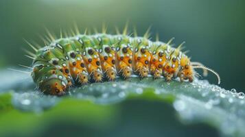 AI generated A macro shot of a caterpillar munching on a leaf, highlighting its textured skin and voracious appetite photo