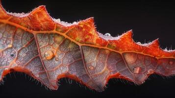 AI generated A macro shot of a leaf's serrated edge, showcasing its delicate structure and capturing the play of light and shadow photo