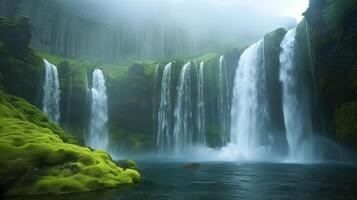 ai generado un majestuoso cascada cascada abajo cubierto de musgo rocas, capturar el crudo poder y belleza de naturaleza foto