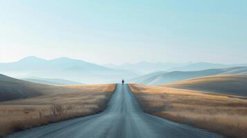 ai generado un minimalista campo camino, con un persona caminando a lo largo en contra un fondo de laminación colinas y distante montañas foto