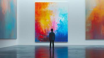 AI generated A modern art gallery, with a visitor standing in front of a vibrant abstract painting against a stark white wall photo