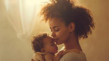 ai generado un madre abrazando su recién nacido bebé, su enlace palpable en el calor de su abrazo y oferta expresiones foto