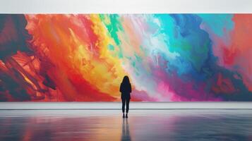 AI generated A modern art gallery, with a visitor standing in front of a vibrant abstract painting against a stark white wall photo