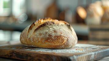 AI generated A rustic loaf of sourdough bread, crusty exterior giving way to a soft, chewy interior. large copyspace area photo