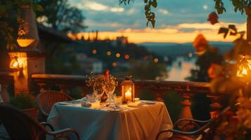 ai generado un romántico cena ajuste en un alumbrado por velas terraza, con un mesa adornado con flores y multa comida cocina foto