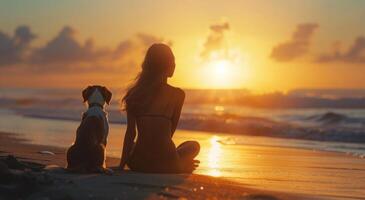 AI generated a picture of a woman with a dog sitting on the beach at sunset photo