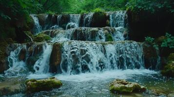 AI generated A picturesque waterfall, with cascading waters framed by lush greenery and moss-covered rocks photo