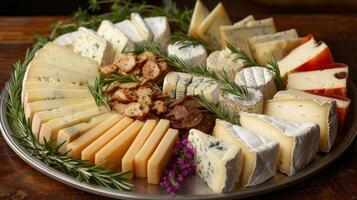 AI generated A platter of artisanal cheeses, a feast for the eyes with its variety of colors, textures, and flavors photo