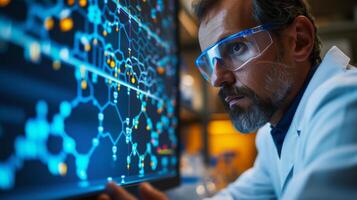 AI generated A scientist viewing a complex molecular structure on a computer screen, the blueprint of matter photo