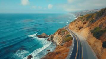 AI generated A scenic coastal drive, with winding roads hugging dramatic cliffs and offering sweeping ocean views photo