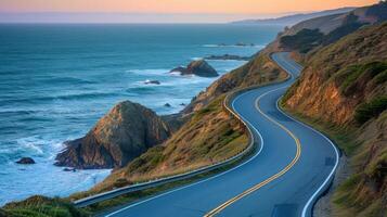 AI generated A scenic coastal drive, with winding roads hugging dramatic cliffs and offering sweeping ocean views photo