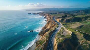 AI generated A scenic coastal drive, with winding roads hugging dramatic cliffs and offering sweeping ocean views photo