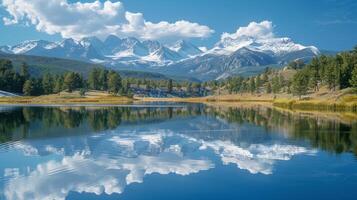 ai generado un sereno montaña lago, anidado entre nevadas picos foto