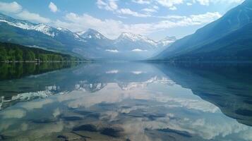 ai generado un sereno montaña lago, anidado entre nevadas picos foto