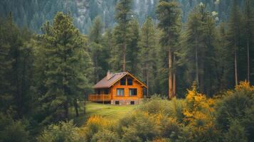 AI generated A serene mountain cabin nestled among tall pines, offering a peaceful retreat from the chaos of everyday life photo