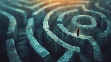 AI generated A small figure navigating a giant maze, learning through challenges and discovery photo