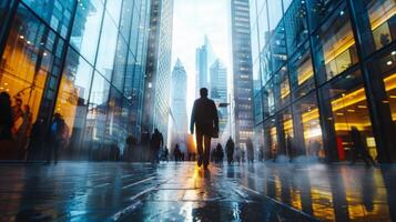AI generated A sleek city street, with a person walking along against a backdrop of towering buildings and bustling crowds photo