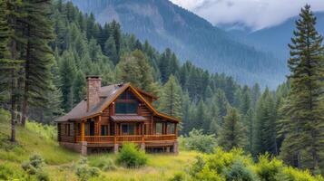 AI generated A serene mountain cabin nestled among tall pines, offering a peaceful retreat from the chaos of everyday life photo