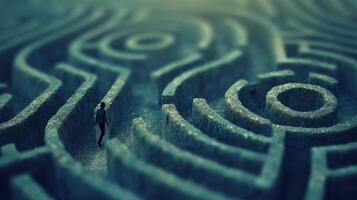 AI generated A small figure navigating a giant maze, learning through challenges and discovery photo