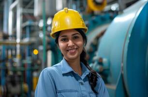 AI generated a smiling young engineer dressed in a safety helmet and hard hat in a city boiler plant photo