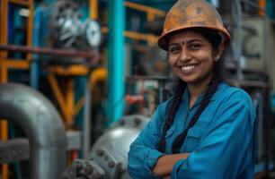 AI generated a smiling young engineer dressed in a safety helmet and hard hat in a city boiler plant photo