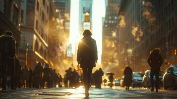 AI generated A sleek city street, with a person walking along against a backdrop of towering buildings and bustling crowds photo
