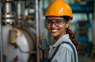 AI generated a smiling young engineer dressed in a safety helmet and hard hat in a city boiler plant photo