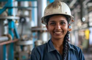 AI generated a smiling young engineer dressed in a safety helmet and hard hat in a city boiler plant photo