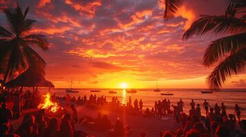 AI generated A sunset beach party, with bonfires blazing and cocktails served in coconuts as the sky erupts in fiery hues photo