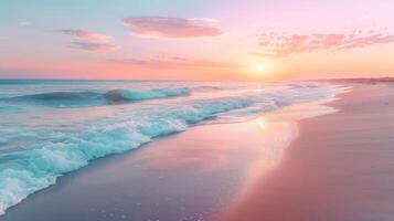 AI generated A tranquil beach at sunrise, where pastel hues paint the sky and gentle waves lap against the shore photo