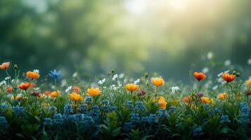 AI generated A tranquil meadow awash with wildflowers, each bloom a burst of color against a backdrop of lush greenery photo