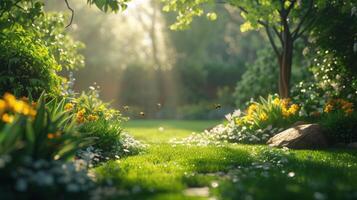 ai generado un tranquilo jardín viva con el zumbido de abejas y el piar de aves, un santuario de paz y belleza foto