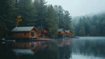 AI generated A tranquil lakeside retreat, with wooden cabins nestled among tall pine trees and a dock extending into the water photo